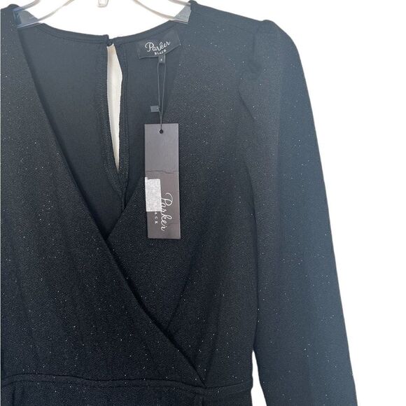 Parker Black Long Sleeve V-Neck Crossover Shimmer Black Cocktail Dress - Picture 5 of 8